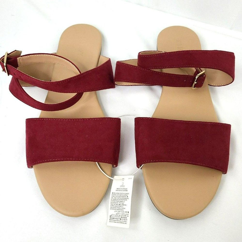NEW Old Navy Womens Sz 10 Faux Suede Burgundy Red Ankle Strap Sandals Flats - Picture 2 of 4